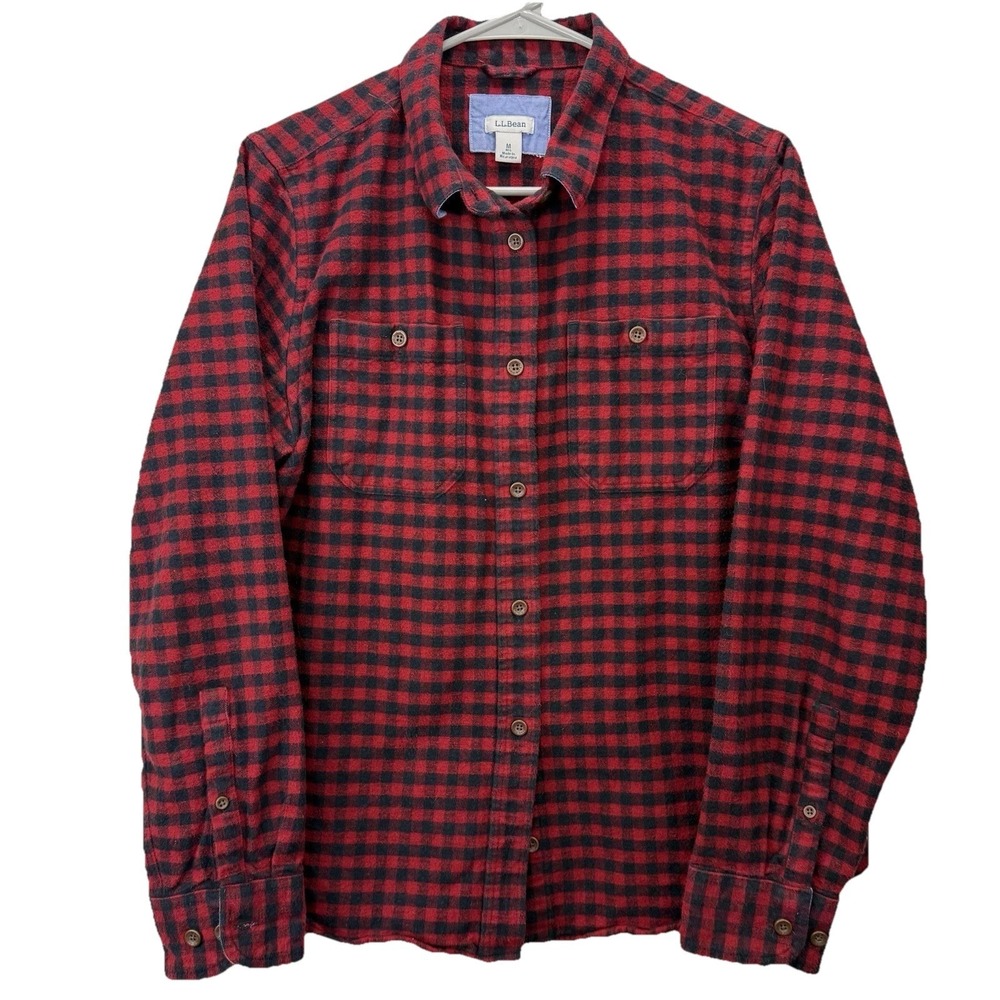 L.L. Bean Red Black Womens Heritage Chamois Flannel Button Down Shirt MEDIUM
